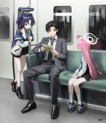  1boy 2girls absurdres ahoge black_hair black_necktie black_shoes black_skirt blue_archive blue_archive_the_animation book breasts collared_shirt commentary english_commentary grey_jacket grey_pants grey_suit hair_between_eyes halo highres holding holding_book holding_pole hoshino_(blue_archive) huge_ahoge jacket lanyard loafers long_hair looking_at_another mechanical_halo multiple_girls necktie open_clothes open_jacket orini pants pink_hair pole purple_hair reflection sensei_(blue_archive) sensei_(blue_archive_the_animation) shirt shoes short_hair sitting skirt slice_of_life sneakers standing suit train_interior two_side_up violet_eyes white_halo white_jacket white_shirt yuuka_(blue_archive) 