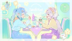  2girls absurdres arahashi_tabi arms_on_table arnyang_(ayatsuno_yuni) ayatsuno_yuni blue_hair blue_pants border bow_hairband character_name closed_eyes commentary_request commission cup denim food glass grey_hair grin hair_ornament hairband hairclip hand_up headphones headphones_around_neck highres holding holding_cup holding_food indoors jeans korean_commentary long_hair long_sleeves looking_at_another meoreng_illust multiple_girls on_bench open_mouth orange_hairband overalls pants parfait pastel_colors pungdangi_(arahashi_tabi) purple_overalls restaurant sidelocks sitting slice_of_life smile stellive sweater sweater_tucked_in table teacup transparent_border twintails virtual_youtuber white_sweater x_hair_ornament yellow_sweater 
