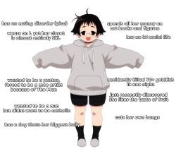  1girl 2000s_(style) absurdres artist_self-insert bk_(barakoodra) black_hair choker dot_nose earrings faux_retro_artstyle highres hood hoodie jewelry looking_at_viewer meme open_mouth original short_bangs short_hair shorts slippers smile solo tareme women_on_twitter_(meme) 