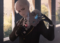  1boy animal_on_shoulder black_gloves bow candy cat cat_on_shoulder commentary_request food gloves green_eyes grim_(twisted_wonderland) highres holding holding_candy holding_food holding_lollipop lollipop long_sleeves male_focus necktie parted_lips rollo_flamme roro_(haru_roro2) striped_bow striped_necktie twisted_wonderland twitter_username upper_body white_hair 