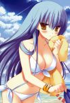  beach bikini blue_hair blush breasts brown_eyes cleavage cloud collarbone embarrassed fingernails front-tie_top hachimitsu_otome_blossom_days highres large_breasts long_hair looking_at_viewer miyasu_risa navel open_mouth outdoors sand side-tie_bikini sky solo standing swimsuit towel water white_bikini wristband 