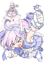  >_< 2girls :d absurdres ahoge alternate_costume bare_shoulders blue_archive blue_hair blush bow bowtie clenched_hand clenched_hands closed_eyes cosplay curly_hair detached_sleeves dress drill_hair earrings floating_clothes full_body gloves hair_between_eyes hair_ornament halo hand_up haruyuki_(gffewuoutgblubh) highres holding holding_staff jewelry logo long_hair looking_at_viewer mage_staff magical_girl multicolored_hair multicolored_thighhighs multiple_girls official_alternate_costume official_alternate_hairstyle open_mouth pantyhose pink_bow pink_hair pink_halo pink_shoes puffy_short_sleeves puffy_sleeves purple_bow purple_bowtie purple_hair purple_pantyhose purple_shoes reisa_(blue_archive) reisa_(magical)_(blue_archive) request_inset shoes short_sleeves simple_background sketch smile staff star_(symbol) star_earrings star_hair_ornament star_halo strapless strapless_dress streaked_hair striped_clothes striped_pantyhose suzumi_(blue_archive) suzumi_(magical)_(blue_archive) sweat symbol_in_eye thigh-highs triangle_mouth twintails two-tone_hair v-shaped_eyebrows very_long_hair violet_eyes wavy_mouth white_background white_dress white_gloves white_hair white_thighhighs winged_shoes xd 