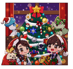  1boy 1girl :3 :d =_= blue_eyes blush border bow box bright_pupils brown_eyes brown_hair candy candy_cane cat christmas christmas_ornaments christmas_present christmas_stocking christmas_tree closed_eyes closed_mouth clothed_pokemon collared_shirt curtains eating eyelashes fangs florian_(pokemon) flower food fork fuecoco gift gift_box glimmet grey_shirt hat hat_ornament holding holding_box holding_fork holding_gift holly holly_hat_ornament indoors juliana_(pokemon) koraidon long_sleeves miraidon naranja_academy_school_uniform necktie nostrils open_mouth orange_necktie pink_eyes poke_ball poke_ball_(basic) poke_ball_theme pokemon pokemon_sv purple_necktie quaxly red_hat rii_(pixiv11152329) santa_hat school_uniform shirt short_hair sitting smile snow sparkle sprigatito star_(symbol) starter_pokemon_trio striped_bow uva_academy_school_uniform white_border white_flower white_pupils white_shirt wiglett window 