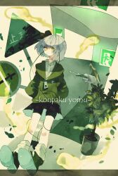  1girl alternate_costume black_bow black_shoes black_shorts black_skirt bow character_name closed_mouth commentary_request contemporary earphones earphones exit_sign expressionless full_body green_hoodie green_theme grey_hair hair_bow hands_in_pockets hood hood_down hoodie konpaku_youmu letterboxed looking_at_viewer one-hour_drawing_challenge plant potted_plant road_sign shinjitsu_no_kuchi shirt shoes short_hair shorts shorts_under_skirt sign skirt socks solo stop_sign touhou tree umbrella white_shirt white_socks yellow_eyes 