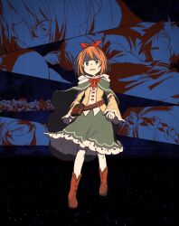  8_humi bag black_background boots bow_hairband brown_bag character_request chin_(re:zero) cloak commentary_request corpse full_body green_cloak green_eyes green_skirt hairband highres long_sleeves multiple_boys multiple_girls orange_hair petra_leyte re:zero_kara_hajimeru_isekai_seikatsu red_boots red_hairband simple_background skirt solo_focus spoilers sweatdrop 