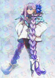 1girl black_pants blue_bow blue_eyes blue_hair_bow braided_twintails braids dated fate/extra_ccc fate/grand_order fate_(series) female female_focus female_only full_body hair_bow hair_ornament hands_in_pockets humanoid jacket long_hair meltryllis meltryllis_(fate) open_jacket prosthesis prosthetic_leg purple_hair shiromantou signature solo type-moon very_long_hair white_bow white_hair_bow white_jacket zipper