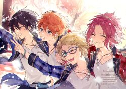  4boys akehoshi_subaru bangs_pinned_back black_hair blonde_hair blue-framed_eyewear blue_eyes blue_jacket closed_eyes commentary ensemble_stars! glasses green_eyes hair_between_eyes hand_on_another's_head hidaka_hokuto highres isara_mao jacket long_sleeves multiple_boys one_eye_closed open_clothes open_jacket open_mouth orange_hair outstretched_arm red_hair red_jacket shirt smile syerii trickstar_(ensemble_stars!) upper_body v white_shirt yuuki_makoto_(ensemble_stars!) 