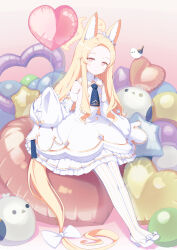  1girl absurdres animal_ears balloon bird bird_balloon blonde_hair blue_archive blush bow closed_mouth commentary detached_sleeves dress flower fox_ears fox_girl fox_tail full_body heart_balloon highres holding holding_balloon long_hair looking_at_viewer pantyhose pink_background pink_eyes seia_(blue_archive) shoes shrimp1634 sitting sleeves_past_fingers sleeves_past_wrists solo tail tail_bow tail_ornament tit_(bird) very_long_hair white_bow white_dress white_flower white_pantyhose white_shoes white_sleeves 