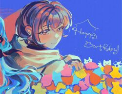  2girls bang_dream! bang_dream!_it's_mygo!!!!! blue_hair blush brown_eyes cat chihaya_anon closed_mouth commentary english_commentary grey_hair happy_birthday highres jacket kaname_raana long_hair multiple_girls mygo!!!!!_(bang_dream!) nagasaki_soyo phos_(ennuuiim) raana_the_cat shiina_taki short_hair solo_focus sticky_note symbolism takamatsu_tomori togawa_sakiko upper_body white_jacket 