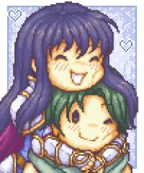  1boy 1girl ^_^ absurdres arms_around_neck astrid_(fire_emblem) black_hair blush cape chibi closed_eyes commission commissioner_upload evomanaphy fire_emblem fire_emblem:_radiant_dawn green_hair heart highres hug hug_from_behind long_hair non-web_source pixel_art purple_cape smile sothe_(fire_emblem) upper_body 