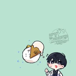  1boy :o arm_up biyoo_(omniscient_reader's_viewpoint) black_hair black_shirt coat collared_shirt commentary double-parted_bangs english_commentary food hair_between_eyes highres holding holding_food holding_ice_cream ice_cream kimidori_22 male_focus notice_lines omniscient_reader's_viewpoint open_clothes open_coat oversized_food oversized_object reaching reaching_towards_another shirt short_hair sweatdrop white_coat 