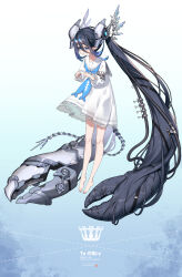  1girl absurdly_long_hair barefoot black_hair blue_background blue_eyes cable commission crab_claw dress fidgeting full_body gradient_background hair_between_eyes highres horns long_hair mechanical_tail original plantar_flexion pointy_ears sailor_collar skeb_commission solo tail tube twintails two-tone_background very_long_hair white_background white_dress white_sailor_collar zenmaibook 