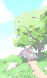  1other adjusting_clothes arm_blade blue_sky cape cape_lift clear_sky closed_eyes clouds colored_skin dappled_sunlight day dirt_road facing_to_the_side gallade grass green_hair highres hill mega_gallade mega_pokemon mohawk on_grass outdoors pokemon pokemon_(creature) pokemon_focus road rock shade sky sunlight tree u_u user_kgue8578 weapon white_cape white_skin 