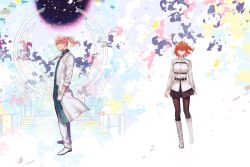  1boy 1girl ahoge belt belt_buckle black_belt black_pantyhose black_skirt boots buckle chaldea_logo chaldea_uniform chest_belt command_spell fate/grand_order fate_(series) fujimaru_ritsuka_(female) full_body gloves highres id_card jacket knee_boots lab_coat lanyard long_sleeves orange_eyes orange_hair pants pantyhose pleated_skirt ponytail romani_archaman shirt shoes skirt wani_(mezo) white_boots white_gloves white_jacket white_pants white_shirt white_shoes 