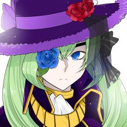  1girl alternate_color blue_eyes blue_flower blue_rose closed_mouth coat commentary_request expressionless flower flower_eyepatch green_hair hat hat_flower long_hair looking_at_viewer lowres oekakipikki purple_coat purple_hat ragnarok_online rebellion_(ragnarok_online) red_flower red_rose rose simple_background solo top_hat upper_body white_background 