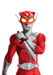  1boy abs absurdres alien belt collarbone colored_skin commentary compound_eyes english_commentary forehead_jewel gem giant giant_male gloves glowing glowing_eyes hand_up highres holding holding_sword holding_weapon looking_at_viewer male_focus mask mixed-language_commentary multicolored_skin neo_phantom no_pupils pectorals red_knife red_mask red_skin redman redman_(character) silver_belt silver_gloves silver_skin simple_background solo standing straight-on sword tokusatsu toned toned_male two-tone_skin upper_body weapon white_background yellow_eyes yellow_gemstone 