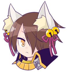  1boy :< animal_ears bell black_collar brown_hair closed_mouth collar commentary_request fox_boy fox_ears frown hair_bell hair_ornament hair_over_one_eye hair_ribbon iyofika jingle_bell looking_at_viewer male_focus medium_hair portrait ragnarok_online rebellion_(ragnarok_online) red_ribbon ribbon simple_background solo white_background yellow_eyes 