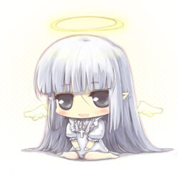  1girl angel barefoot blunt_bangs blush chibi chibi_only commentary_request cross cross_necklace detached_wings dress fang feathered_wings frilled_dress frills full_body grey_dress grey_eyes halo jewelry long_hair looking_at_viewer lowres misaki_(kyal_001) necklace open_mouth original pointy_ears simple_background sitting skin_fang smile solo traditional_halo very_long_hair wariza white_background white_dress white_hair white_wings wings yellow_halo 