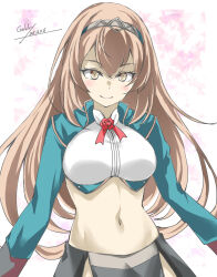  1girl adapted_costume blonde_hair blue_shrug brown_eyes gakky grey_skirt highres kantai_collection long_hair looking_at_viewer midriff military_uniform navel one-hour_drawing_challenge shirt shrug_(clothing) skirt smile solo tiara upper_body victorious_(kancolle) white_shirt 