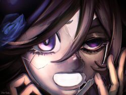  1girl blue_flower blue_rose broken_mask brown_hair close-up crack cracked_kawaii_mask cracked_mask flower hair_over_one_eye hand_on_own_face hands_on_own_face hat hat_flower highres horse_girl long_hair looking_at_viewer mask portrait rice_shower_(umamusume) rose solo tilted_headwear umamusume violet_eyes yowhza 