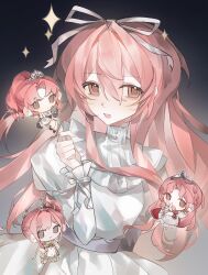  4girls bead_bracelet beads bib_collar black_background black_boots black_gloves boots bouquet bow bracelet braid brown_eyes bubble_skirt cape capelet chibi coattails collar covered_mouth cowboy_shot dress elbow_gloves expressionless flower frilled_collar frilled_sleeves frills gloves gown gradient_background grey_background grey_sash hair_beads hair_between_eyes hair_bun hair_intakes hair_ornament hair_ribbon hands_on_own_hips happy high_ponytail highres holding holding_bouquet infinity_nikki jewelry juliet_sleeves large_ribbon light_blush long_hair long_hair_between_eyes long_sidelocks long_sleeves loose_hair_strand melody_bloom_(infinity_nikki) miracle_nikki multiple_girls multiple_views nikki_(nikki) nikki_(series) open_mouth parted_bangs pink_flower pink_hair pleated_dress ponytail puffy_sleeves red_bow red_cape ribbon sash shining_nikki shiyun86681 shoes short_dress side_braid sidelocks silky_sweet_dream_(shining_nikki) simple_background single_braid single_side_bun skirt sleeve_bow smile sparkle standing striped_bow tiara turtleneck turtleneck_dress two-tone_background updo very_long_hair waist_sash when_blossoms_gather_(miracle_nikki) white_arm_warmers white_bow white_capelet white_dress white_flower white_ribbon white_shoes 