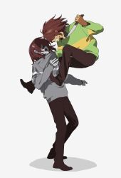  2others ahoge brown_hair brown_pants brown_shoes clenched_teeth clothes_grab colored_skin commentary deltarune full_body green_sweater grey_sweater highres holding holding_knife imminent_attack imminent_stabbing knife kris_(deltarune) lantern_madoyoi long_sleeves multiple_others open_mouth other_focus pants red_eyes shadow shirt_grab shoes simple_background standing sweater symbol-only_commentary teeth utdr_(toby_fox) vessel_(deltarune) white_background yellow_skin 