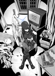  1girl akaimame baseball_cap bed black_hair blue_archive blue_halo bouquet breasts chair crossed_legs crt curtains gloves halo hands_on_headwear hat highres indoors large_breasts logo long_hair looking_at_viewer messy_room navel open_mouth paper saori_(blue_archive) shirt sitting sleeveless solo spot_color stomach window 