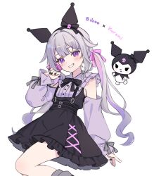  1girl black_bow black_nails black_skirt blush bow character_name collared_shirt commentary crossover detached_sleeves dress_shirt frilled_skirt frills grin hair_bow head_tilt highres hitsukuya hololive hololive_english koseki_bijou kuromi long_sleeves looking_at_viewer low_twintails multicolored_hair nail_polish onegai_my_melody pink_bow pink_hair puffy_long_sleeves puffy_sleeves purple_shirt purple_sleeves sanrio shirt simple_background skirt sleeveless sleeveless_shirt sleeves_past_wrists smile suspender_skirt suspenders twintails two-tone_hair violet_eyes virtual_youtuber white_background 