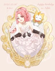  1girl absurdres ahoge bead_necklace beads birthday_cake black_gloves boots bow bow_choker bowtie bracelet brown_boots brown_eyes cake chinese_commentary choker cloak collarbone commentary_request cowboy_shot curtsey dress drill_hair ear_covers elbow_gloves eyelashes flower flower_bracelet flower_dress food gloves happy highres hood hood_up hooded_cloak jewelry long_hair loose_gloves mirror momo_(nikki) multi-tied_hair necklace nikki_(nikki) nikki_(series) open_mouth parted_bangs pink_hair ponytail red_bow red_bowtie ringlets rose shining_nikki sidelocks silky_sweet_dream_(shining_nikki) simple_background smile standing strapless strapless_dress tiara traditional_bowtie whiskers white_bow white_bowtie white_choker white_dress white_flower white_rose yellow_cloak ziyanhaoxianrr 