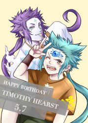  2boys anniversary birthday blue_gemstone blue_hair blush brown_eyes brown_shirt brown_wrist_cuffs character_name colored_eyelashes cross cross_facial_mark d.gray-man english_text eyeliner facepaint facial_mark fangs floating_hair forehead_jewel forehead_mark frown gem green_eyeliner green_shorts hand_up happy_anniversary happy_birthday highres invisible_chair japanese_clothes kimono light_smile long_hair long_sleeves looking_at_viewer low_ponytail low_twintails makeup male_focus messy_hair multiple_boys one_eye_closed open_mouth pale_skin ponytail purple_hair shirt short_sleeves shorts sidelocks simple_background single_wrist_cuff sitting spiky_hair striped_clothes striped_kimono t-shirt timothy_hearst tongue tongue_out tsukikami twintails v vertical-striped_clothes vertical-striped_kimono violet_eyes white_kimono wide_sleeves wrist_cuffs yellow_background yu_chocochip 