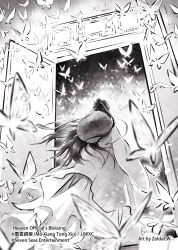 1boy architecture artist_name bug butterfly chinese_clothes commentary copyright_name doorway east_asian_architecture english_commentary from_behind from_below greyscale hair_bun hair_ribbon hanfu hat hat_on_back long_hair long_sleeves male_focus monochrome official_art open_door ribbon rice_hat single_hair_bun solo standing tianguan_cifu too_many too_many_butterflies watermark white_hanfu white_ribbon wide_sleeves xie_lian zelda_c_wang 