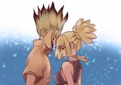  1boy 1girl artist_name black_hair blonde_hair breasts choker closed_eyes collared_shirt dr._stone facial_mark from_side glowing green_hair heads_together hetero ishigami_senkuu kohaku_(dr._stone) large_breasts multicolored_hair ninomae_gin ponytail rope_belt shirt short_sleeves sideboob sidelocks signature smile spiky_hair two-tone_hair 