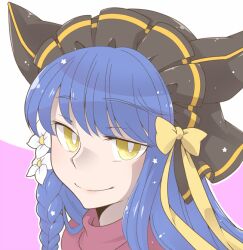  1girl arch_bishop_(ragnarok_online) blue_hair bow braid bright_pupils closed_mouth commentary_request flower hair_flower hair_ornament headdress long_hair looking_at_viewer oekakipikki pink_background portrait purple_scarf ragnarok_online scarf side_braid single_braid smile solo two-tone_background white_background white_flower white_pupils yellow_bow yellow_eyes 