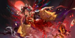  1girl absurdres bare_shoulders black_flower black_hair black_robe bow-shaped_hair branch bug butterfly butterfly_in_eye butterfly_wings chinese_clothes chinese_commentary chongjiu_yi_kuang_yan closed_mouth collarbone commentary_request dissolving_clothes dress floating flower folding_screen frilled_sleeves frills full_moon hair_flower hair_ornament hair_rings highres insect_wings into_screen_ashes_burn_(shining_nikki) light_particles long_hair long_sidelocks long_sleeves moon nail_polish night night_sky nikki_(series) outdoors outstretched_hand pink_eyes pink_lips realistic red_dress red_moon red_nails red_wings robe scar scar_on_face shining_nikki short_dress sidelocks sky smoke solo strapless strapless_dress thick_lips wide_sleeves wings 