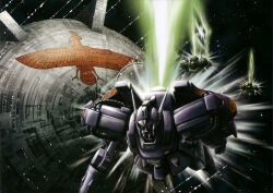  1990s_(style) army artist_request cable crossbone_vanguard den'an_zon downscaled emblem fleet gundam gundam_f91 gundam_perfect_file highres logo machinery mecha mecha_focus mobile_suit no_humans official_art realistic resized retro_artstyle robot roundel scan scene_reference science_fiction shot_lancer space thrusters traditional_media 