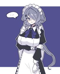  ... 1girl apron arknights arm_under_breasts black_choker black_dress border breasts bright_pupils choker cross dress eyepatch frilled_apron frills gloves greek_cross grey_hair hair_ornament hair_over_one_eye highres hmrsh juliet_sleeves large_breasts long_hair long_sleeves looking_at_viewer maid maid_apron maid_headdress one_eye_covered outline outside_border puffy_sleeves purple_background solo spoken_ellipsis standing sweatdrop violet_eyes whisperain_(arknights) white_apron white_border white_gloves white_outline white_pupils x_hair_ornament 