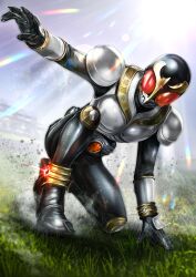  1boy armor black_bodysuit bodysuit full_body highres kamen_rider kamen_rider_kuuga kamen_rider_kuuga_(series) male_focus masukudo_(hamamoto_hikaru) on_grass red_eyes solo tokusatsu 