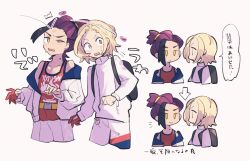  2boys backpack bag black_hair blonde_hair blush closed_mouth commentary_request florian_(pokemon) gloves jacket kieran_(pokemon) long_sleeves mole mole_on_neck multiple_boys multiple_views open_clothes open_jacket open_mouth partially_fingerless_gloves pokemon pokemon_sv purple_hair red_tank_top shorts simple_background single_glove speech_bubble sweat tank_top translation_request violet_eyes white_jacket white_shorts yellow_eyes zowpltvujg13047 