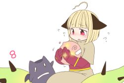  1girl acolyte_(ragnarok_online) ahoge animal_ears blonde_hair blunt_bangs blush bob_cut brown_capelet brown_skirt capelet cat_ears cat_girl commentary_request cowboy_shot creature deviruchi gloves holding holding_creature iyofika lowres open_mouth plant poring ragnarok_online ragnarok_origin red_eyes red_gloves red_shirt shirt short_hair simple_background sitting skirt slime_(creature) solo thorns vines white_background wilted_ahoge 