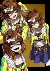  absurdres ahoge animal_ears bandeau belt blue_skirt braid breasts brown_belt brown_hair collarbone earrings grin hair_between_eyes hair_ornament hairclip half_up_braid half_up_half_down_braid highres horse_ears horse_girl jacket jewelry jungle_pocket_(champion's_battle_cry)_(umamusume) jungle_pocket_(umamusume) long_sleeves looking_at_viewer medium_hair midriff nagai_negi navel open_clothes open_mouth shaded_face shirt skirt smile teeth umamusume yellow_eyes yellow_jacket 