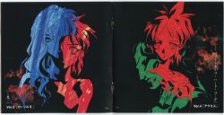  1other 2girls absurdres artist_request binding_discoloration black_background closed_mouth double_exposure eyelashes high_contrast highres key_the_metal_idol long_hair looking_at_viewer mima_tokiko multiple_girls multiple_monochrome multiple_views official_art page_number parted_lips ppor_(key_the_metal_idol) profile robot scan scan_artifacts short_hair smile spiky_hair straight-on third-party_source translation_request upturned_nose utsuse_miho 