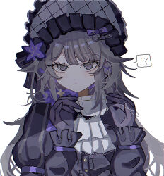  !? 1girl absurdres alternate_costume ascot black_bonnet black_dress black_gloves bonnet bow brown_hair commentary_request cup dress flower frilled_sleeves frills gloves hands_up hat herta_(honkai:_star_rail) highres holding holding_cup honkai:_star_rail honkai_(series) light_frown long_hair purple_flower sayu_(r12_34) simple_background solo speech_bubble spoken_interrobang teacup the_herta_(honkai:_star_rail) the_herta_(tea_break)_(honkai:_star_rail) violet_eyes white_ascot white_background 
