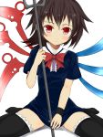  absurdres asymmetrical_wings black_hair black_legwear black_thighhighs dress highres houjuu_nue polearm red_eyes short_hair smile solo spear thigh-highs thighhighs touhou trident weapon wings wristband yamamoto_tama zettai_ryouiki 