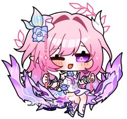  1girl blue_flower blue_rose blush chibi cyrene_(honkai:_star_rail) cyrene_(ripples_of_past_reverie)_(honkai:_star_rail) dress flower hair_flower hair_ornament halo honkai:_star_rail honkai_(series) long_hair neck_flower nhom_(woogi) one_eye_closed open_mouth pink_hair pointy_ears puffy_cheeks rainbow_gradient rose shoes simple_background smile solo swing very_long_hair violet_eyes white_background white_dress white_shoes 