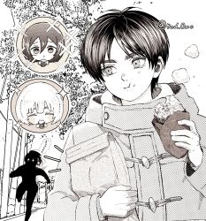 2boys 2girls 5nd_0mc armin_arlert bag blush chewing chibi chibi_inset closed_eyes coat commentary_request cross-shaped_pupils eren_yeager food food_on_face greyscale hair_between_eyes highres holding holding_bag holding_food long_hair mikasa_ackerman monochrome multiple_boys multiple_girls ponytail running sasha_blouse scar scar_on_cheek scar_on_face shingeki_no_kyojin short_hair silhouette sparkle steaming_food symbol-shaped_pupils twitter_username winter_clothes winter_coat 