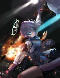  1girl absurdres blue_archive blue_eyes blue_serafuku breasts city_lights fire from_above gloves green_halo gun halo hanging_on highres hira15623 lahti-saloranta_m/26 light_machine_gun light_rays long_sleeves looking_down machine_gun neckerchief night saki_(blue_archive) school_uniform serafuku short_hair skirt solo tactical_school_uniform weapon yellow_neckerchief 