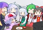  animal_ears bow bunny_ears chibi couch detached_sleeves dress ebizome fang gradient_hair hair_bow hair_tubes hakurei_reimu hands_clasped hands_together hijiri_byakuren kazami_yuuka konpaku_youmu long_skirt multicolored_hair multiple_girls open_mouth pocky reisen_udongein_inaba remilia_scarlet sideways_mouth sitting skirt skirt_set smile syslila teardrop tears television touhou vest watching_television youkai |_| 