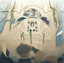  aged_down balcony blue_hair blurry blurry_foreground chrom_(crowned_exalt)_(fire_emblem) chrom_(fire_emblem) family father_and_daughter female_robin_(exalt's_right_hand)_(fire_emblem) female_robin_(fire_emblem) fire_emblem fire_emblem_awakening fire_emblem_heroes happy highres husband_and_wife lifting_person lucina_(fire_emblem) mother_and_daughter official_alternate_costume smile t0bey tiara waving 