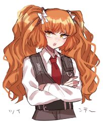  1girl belt black_belt black_pants black_vest bow collared_shirt crossed_arms hair_bow highres ishmael_(project_moon) limbus_company long_hair long_sleeves looking_at_viewer necktie pants project_moon red_necktie rug_(yurari606) shirt simple_background solo twintails vest wavy_hair white_background white_bow white_shirt 