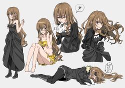  1girl black_dress boots brown_hair choker dress eyepatch frilled_choker frills fur-trimmed_jacket fur_trim highres higyaku_no_noel jacket long_hair medical_eyepatch noel_cerquetti red_eyes severed_arm severed_limb smile swimsuit zs924188 